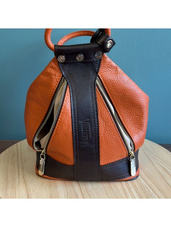 Valentina Italian Leather Shoulder Backpack Pebbled Orange Brown Many Pockets main image 14
